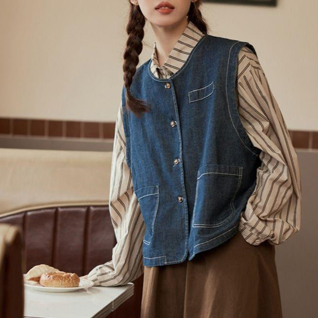 Gilet en denim pour femmes avec fermeture à boutons et poches Chic & Stil