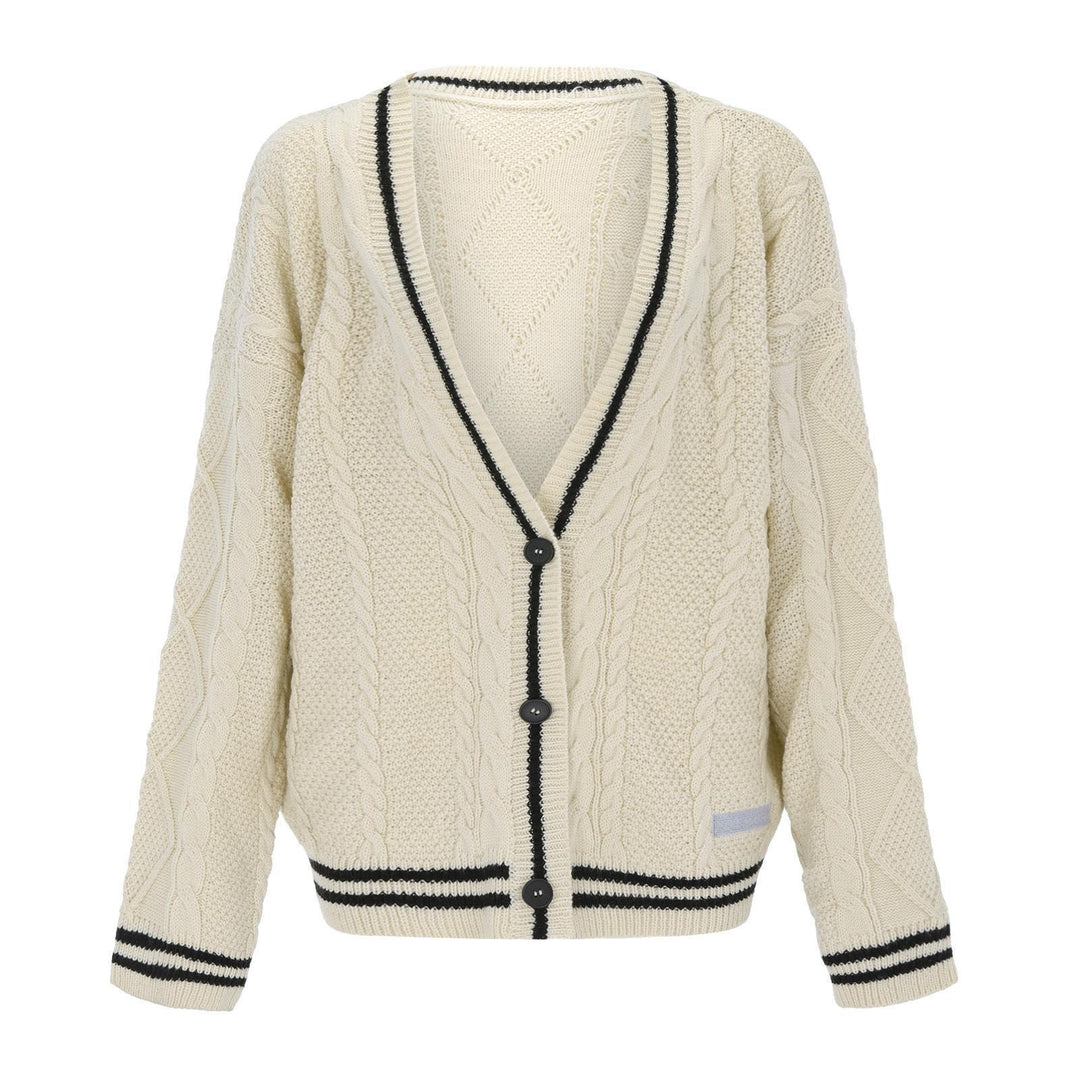 Chunky knit cardigan for women with deep V-neck and contrasting button details Lune London
