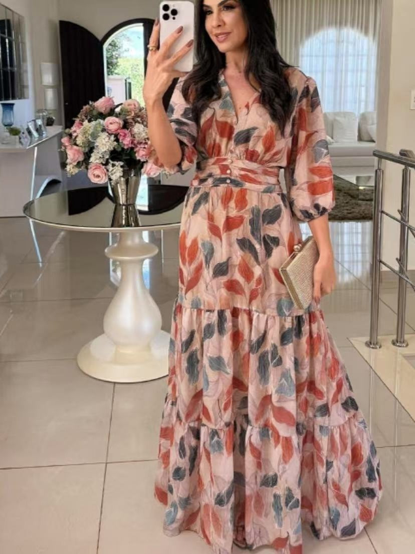 Maxi dress for women with casual V-neck, waist belt, and voluminous sleeves Lune London
