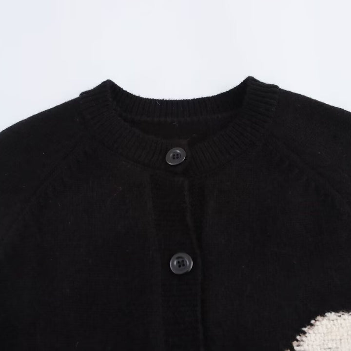 Ladies knit cardigan with playful animal intarsias and 3D applications Amarae