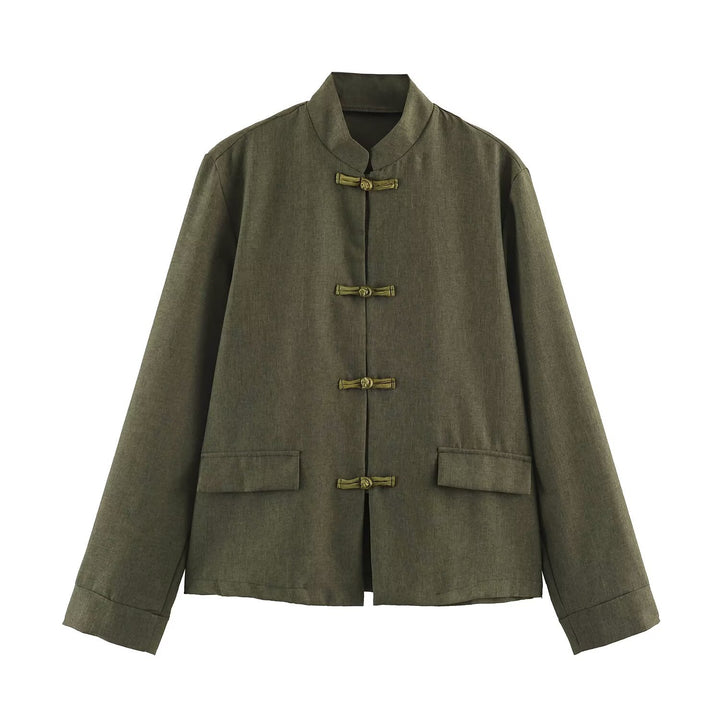 Women's Boxy Linen Blend Jacket with Stand Collar and Chinese Toggle Closures Amarae
