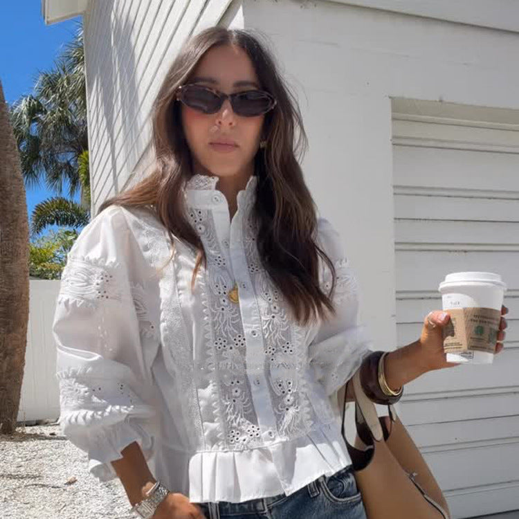 Ladies Broderie-Anglaise blouse with stand-up collar, ruffled hem and balloon sleeves Amarae