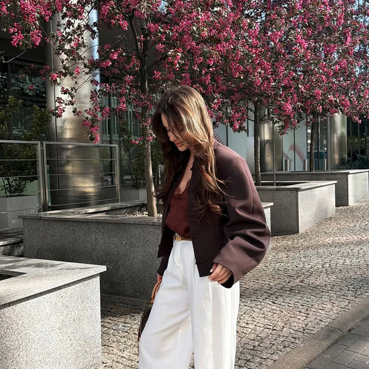Women Short-cut Boxy Blazer with Stand Collar and Chinese Knot Buttons Amarae