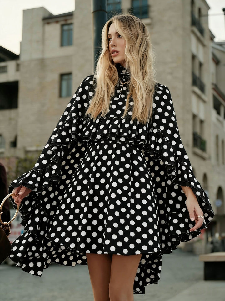 Women Elegant Ruffle Dress with High Neckline and Flowing Cut Lune London