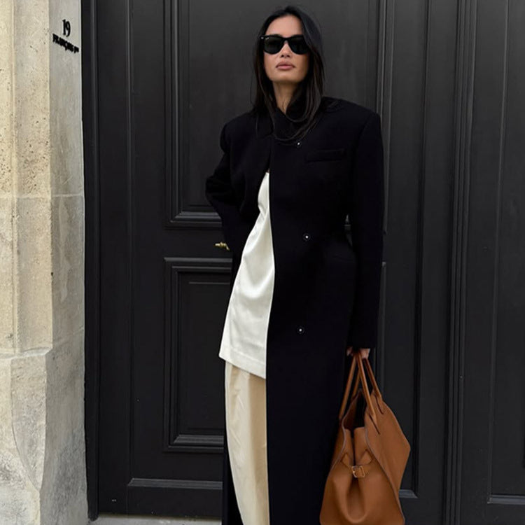 Women's Sculptural Midi Coat with Distinctive Shoulder Design and Concealed Button Placket Amarae