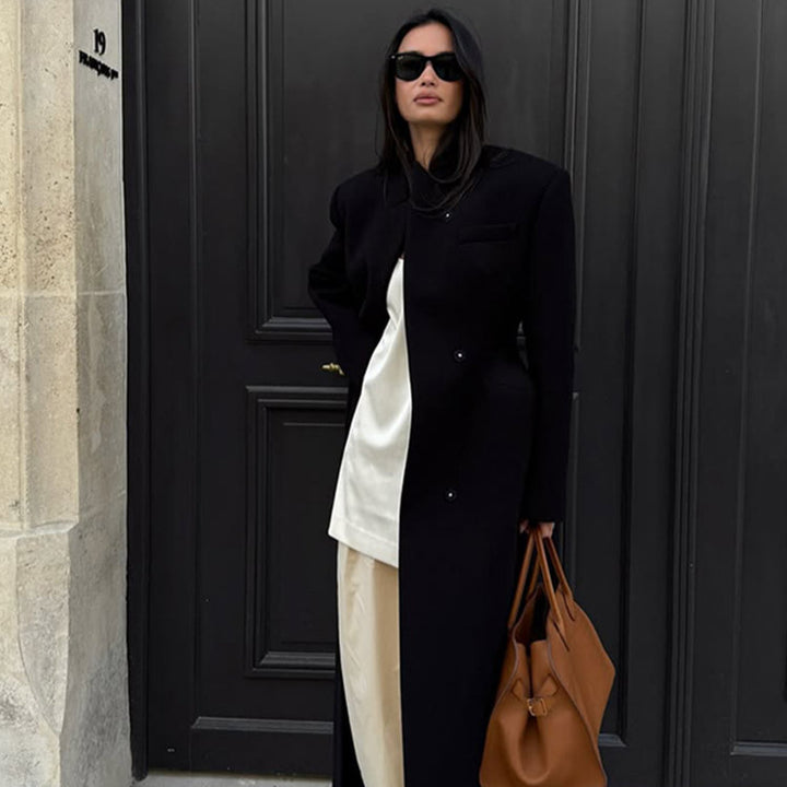 Women's Sculptural Midi Coat with Distinctive Shoulder Design and Concealed Button Placket Amarae