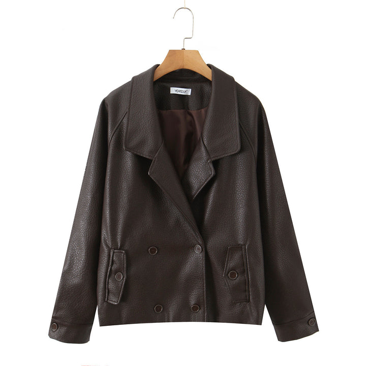 Elegant synthetic leather jacket for women with double-breasted buttons and wide lapels Lune London