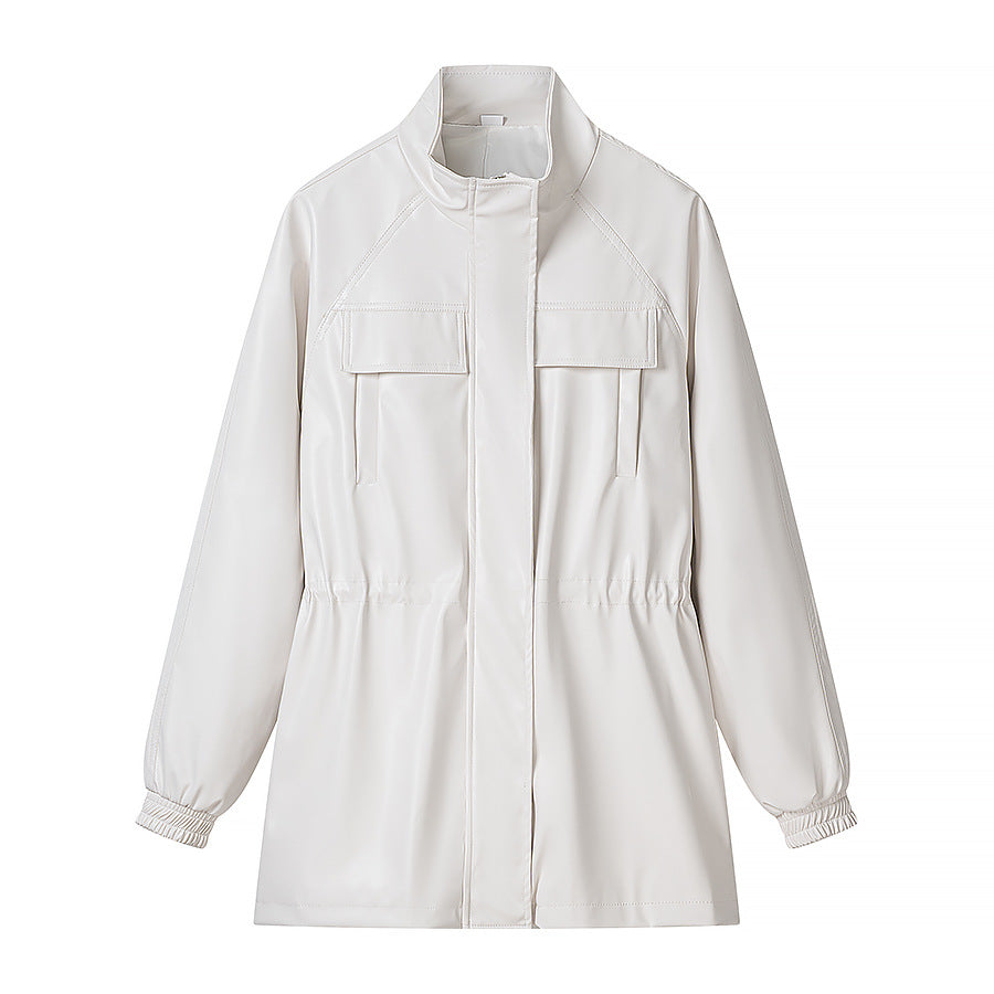 Women's Faux Leather Parka with Drawstring Waist and Chest Pockets Amarae