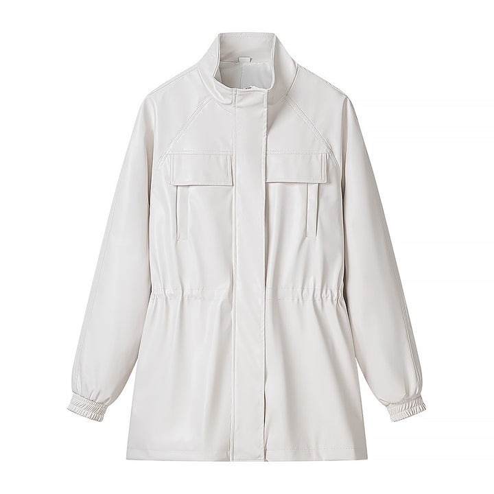 Women's Faux Leather Parka with Drawstring Waist and Chest Pockets Amarae