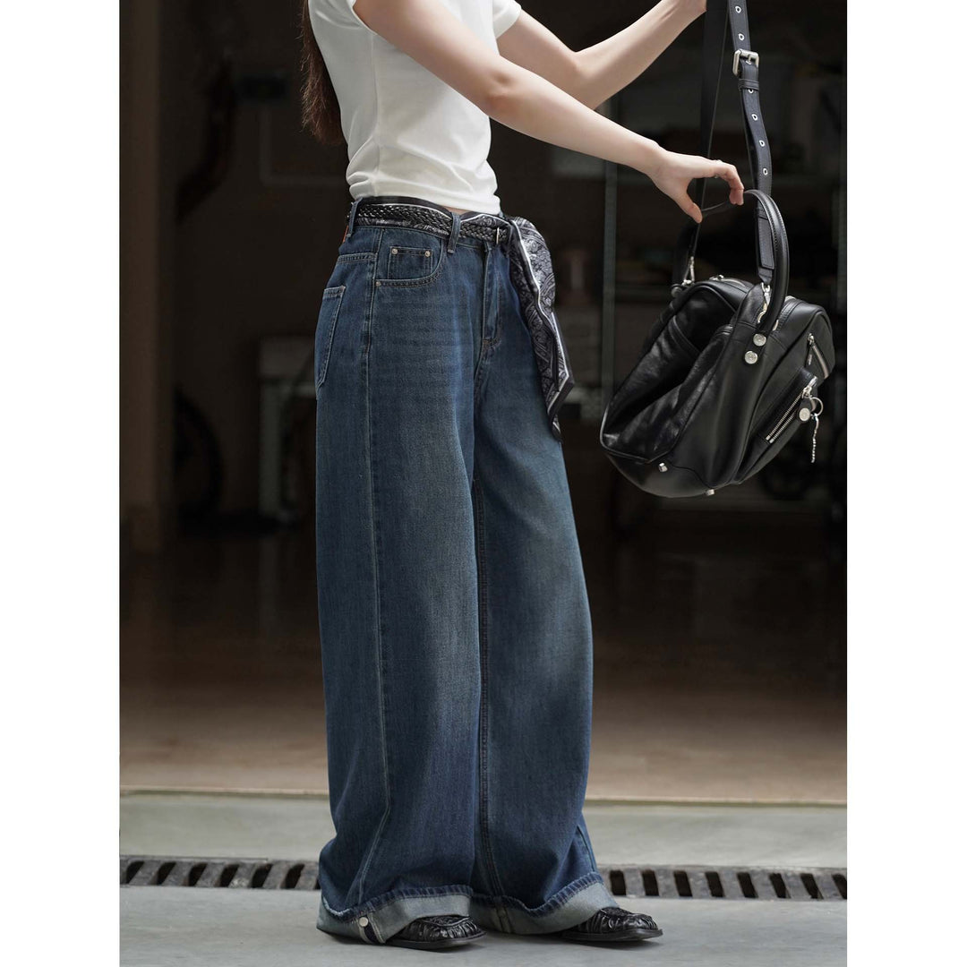 Women Extra Wide Denim Baggy Pants with Deep Crotch, Rolled Hem and Palazzo Fall Amarae