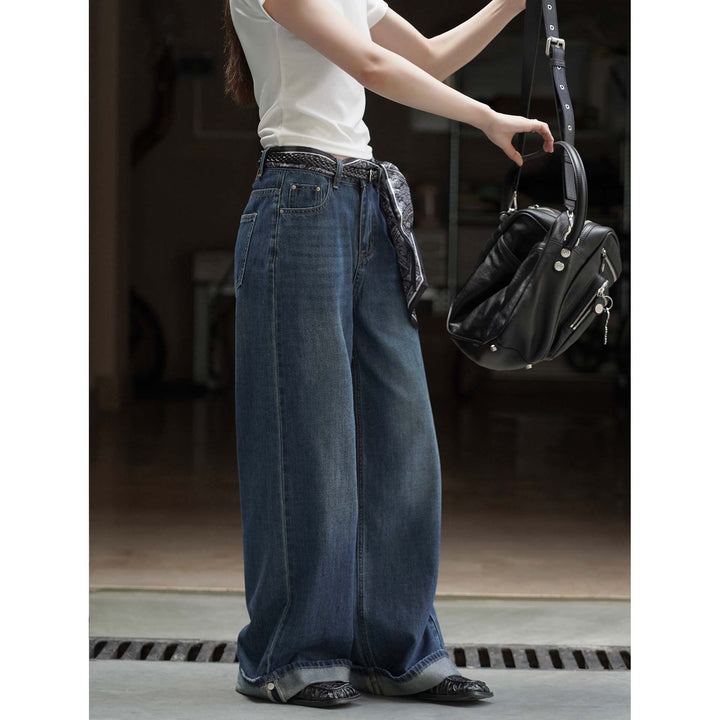 Women Extra Wide Denim Baggy Pants with Deep Crotch, Rolled Hem and Palazzo Fall Amarae