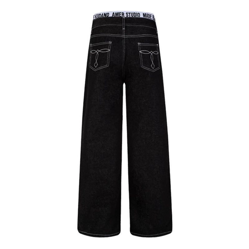Women Wide High-Waist Denim Pants with Logo Elastic Waistband and Palazzo Silhouette Amarae