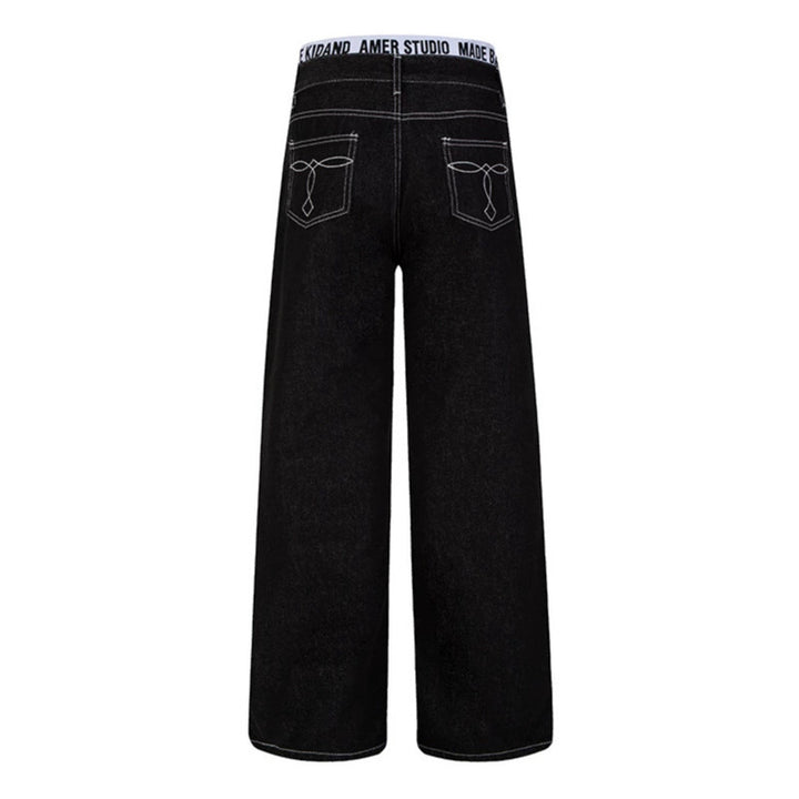 Women Wide High-Waist Denim Pants with Logo Elastic Waistband and Palazzo Silhouette Amarae