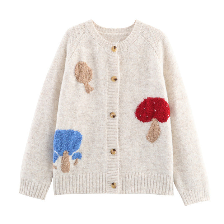Women’s knitted jacket with colorful mushroom design Lune London