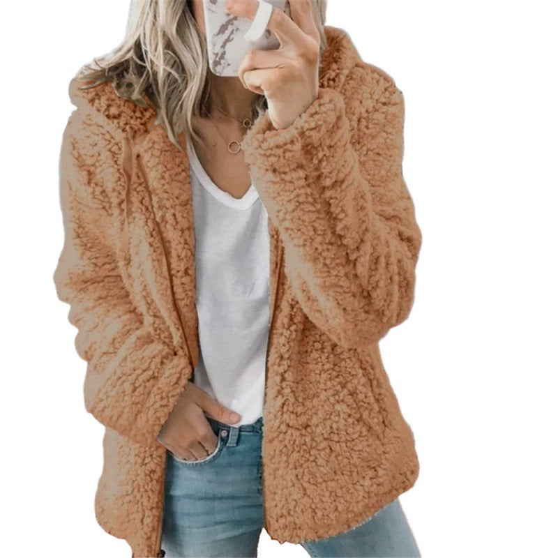 Women's fleece teddy jacket with hood, oversized cut and zipper Amarae