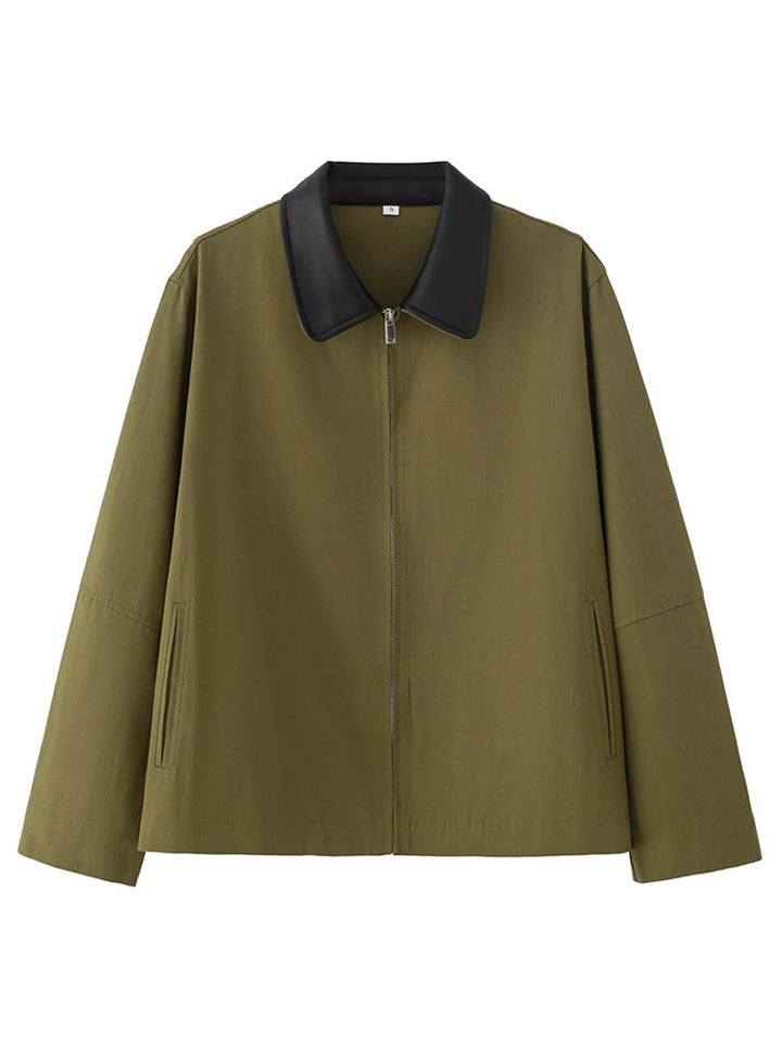 Women's Boxy Transitional Jacket with Contrasting Collar and Concealed Zipper Amarae