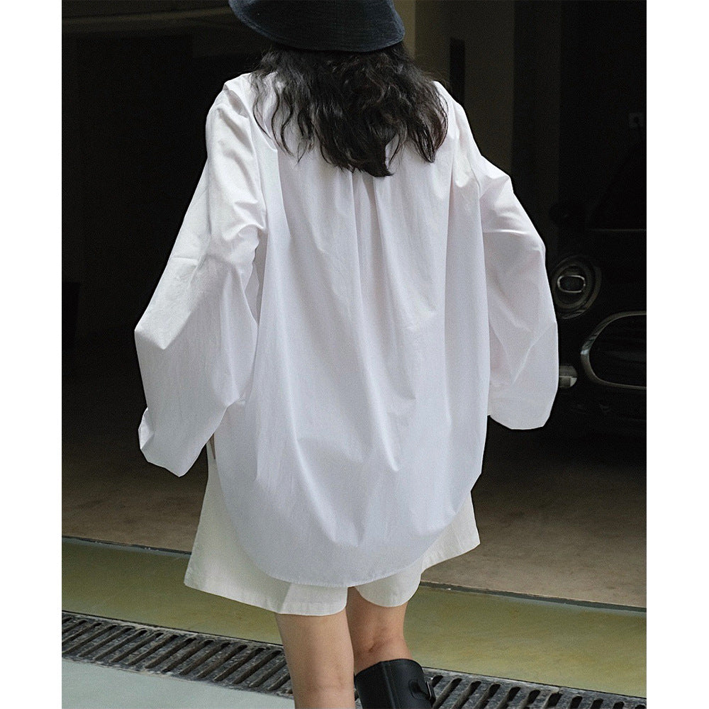 Women's Long Cut Poplin Tunic with Hidden Button Placket and Voluminous Balloon Sleeves Amarae