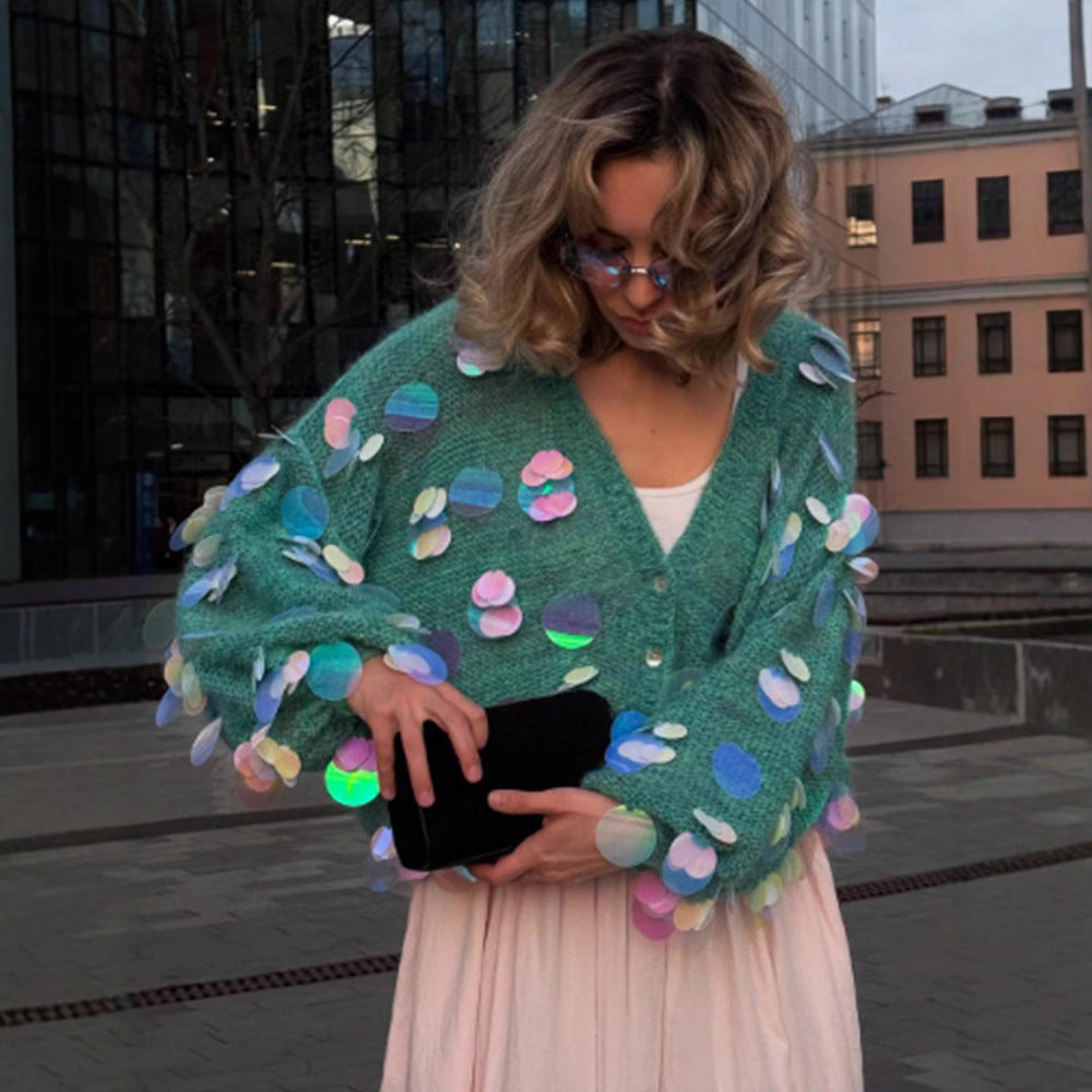 Women's Chunky Knit Mohair Cardigan with Oversized Sequins and Boxy Silhouette Amarae