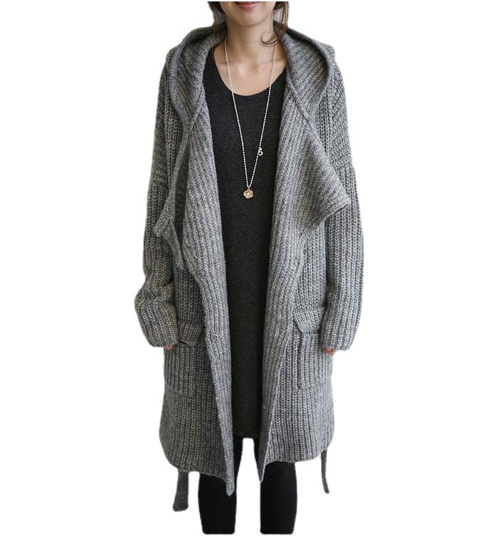 Ladies thick knit coat with hood and open cut Lune London