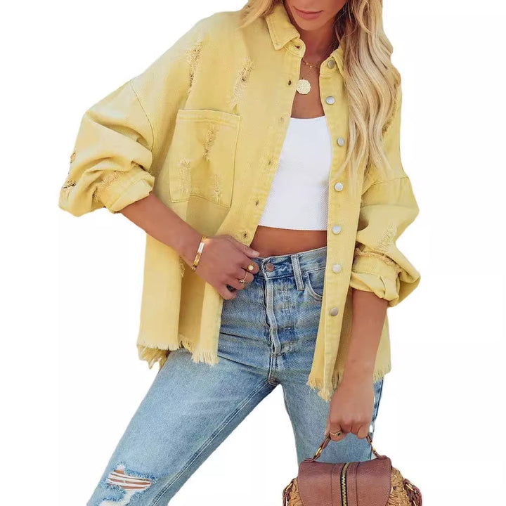 Women's oversized denim jacket in casual vintage style with fringed details