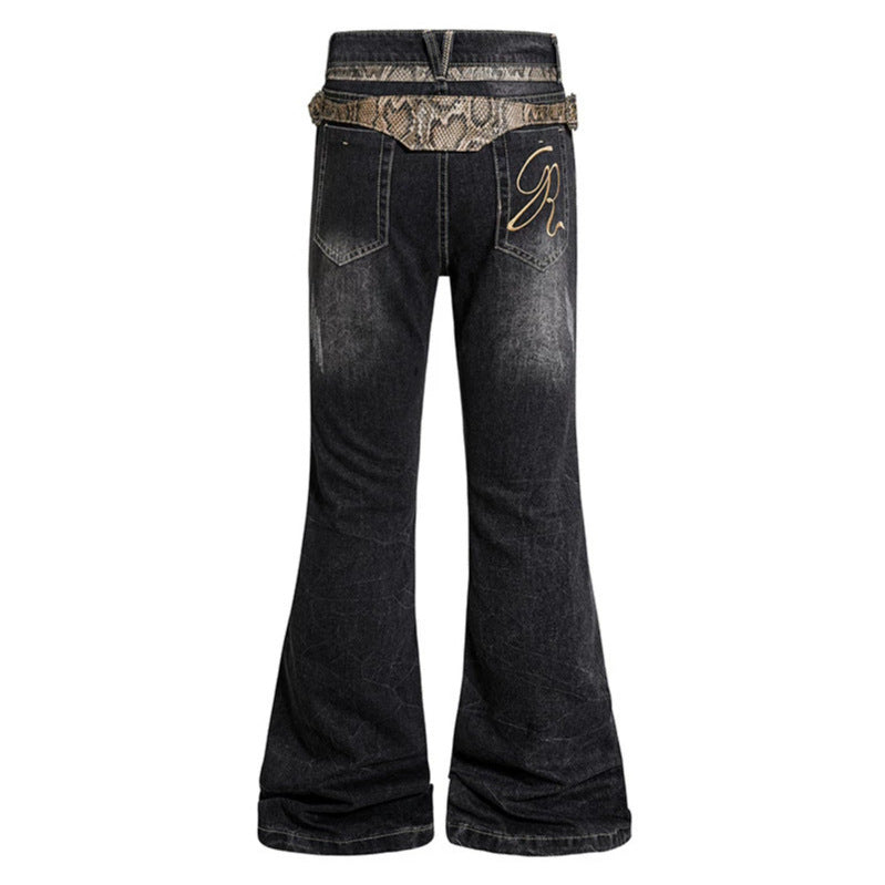 Women's High Waisted Flared Jeans with Adjustable Hip Straps and Vintage Wash Amarae