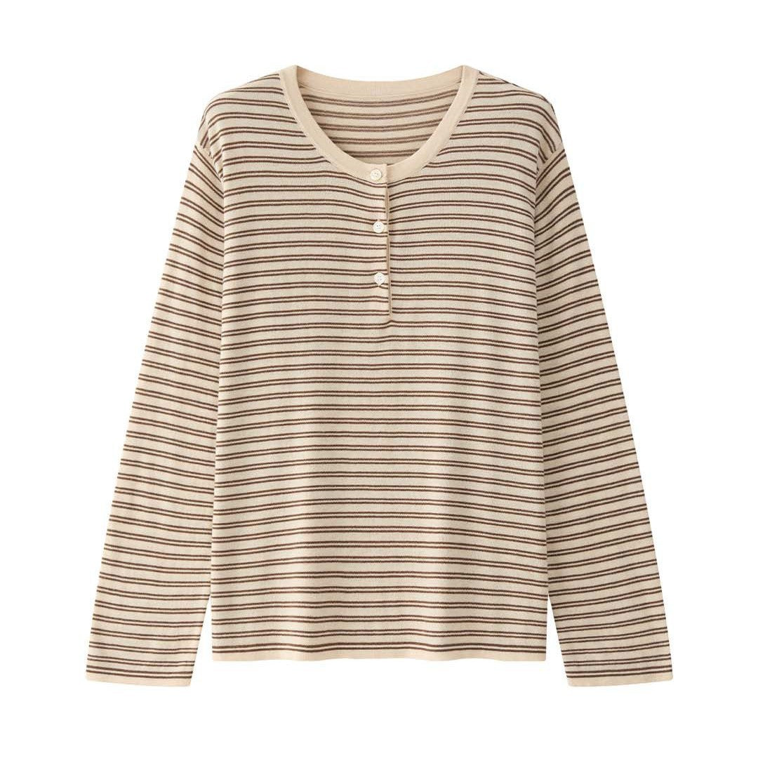 Women's Lightweight Cotton Blend Long Sleeve Shirt with Button Placket and Fine Striped Pattern Amarae