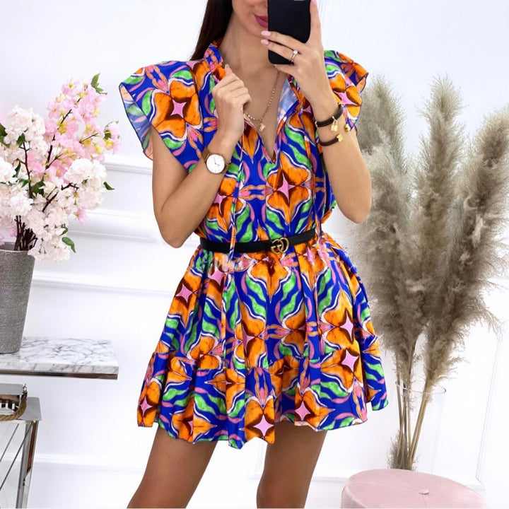 Chic and style women's fluid A-line mini dress with ruffled sleeves