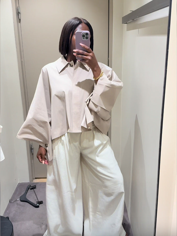 Women's Boxy Cropped Shirt Blouse with Wide Batwing Sleeve and Fine Tuck Amarae