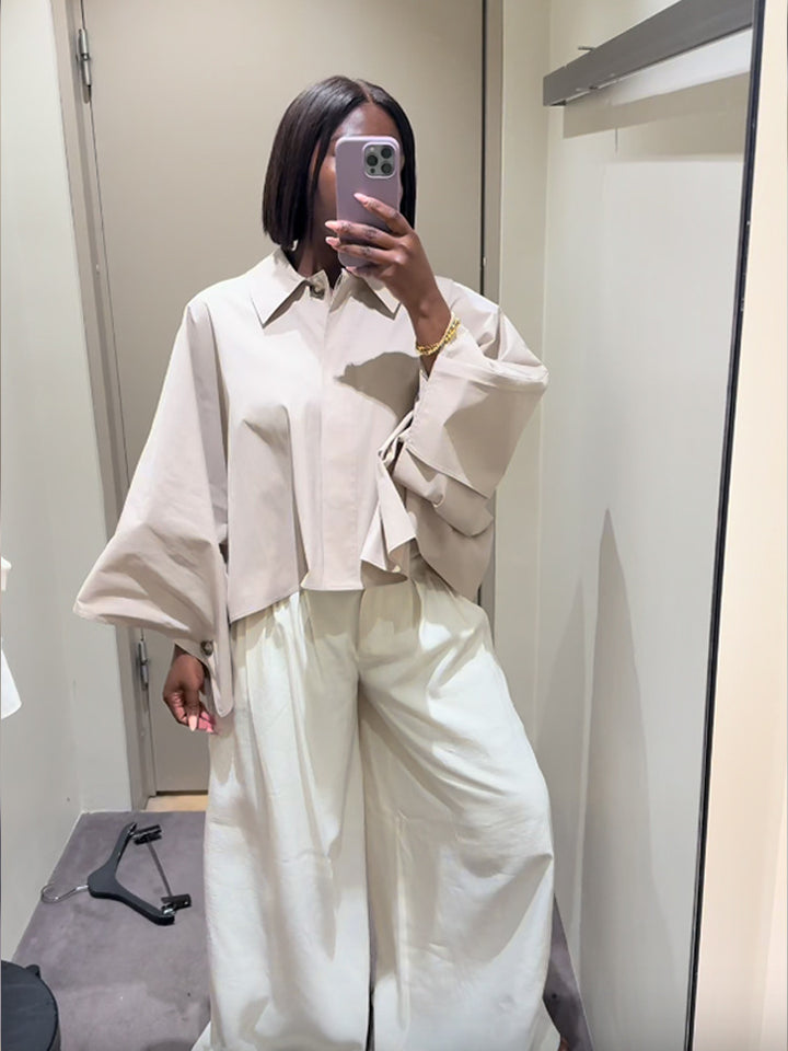 Women's Boxy Cropped Shirt Blouse with Wide Batwing Sleeve and Fine Tuck Amarae