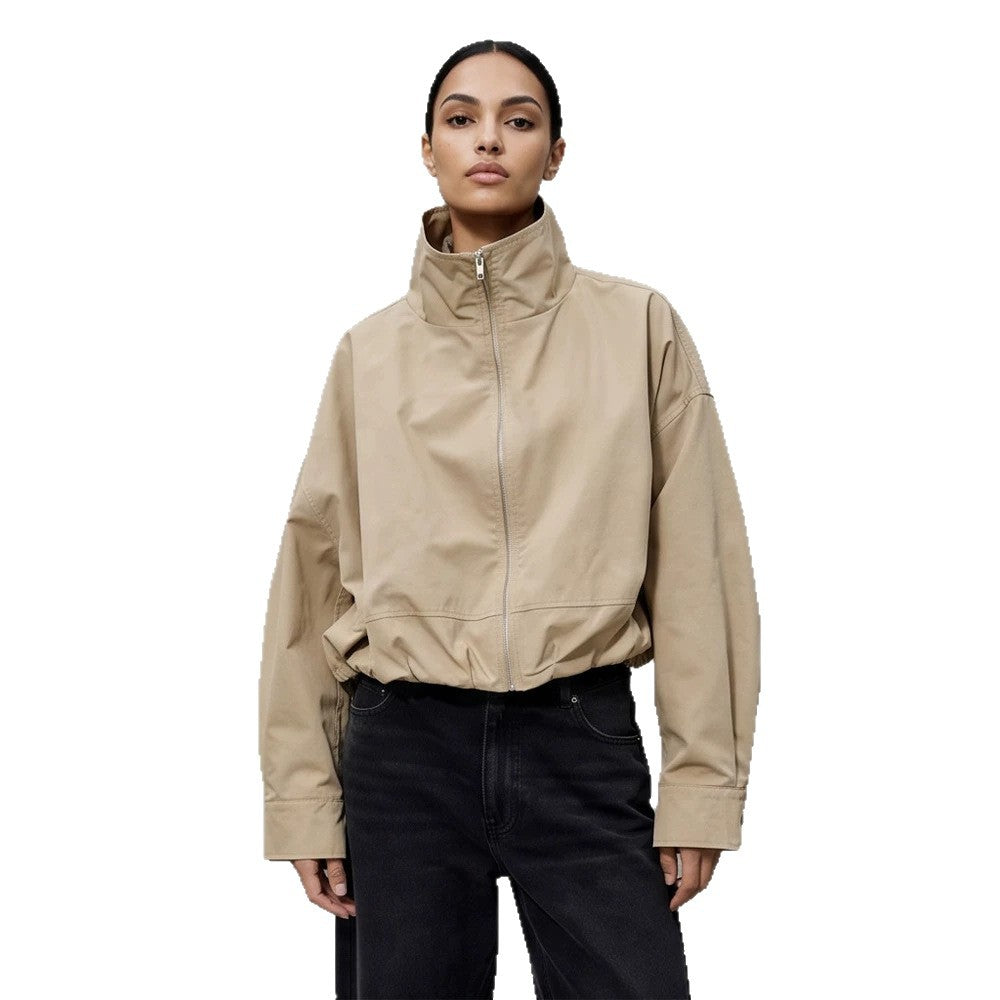 Women's Boxy-Cropped Windbreaker Jacket with High Standing Collar and Straight Hem Amarae