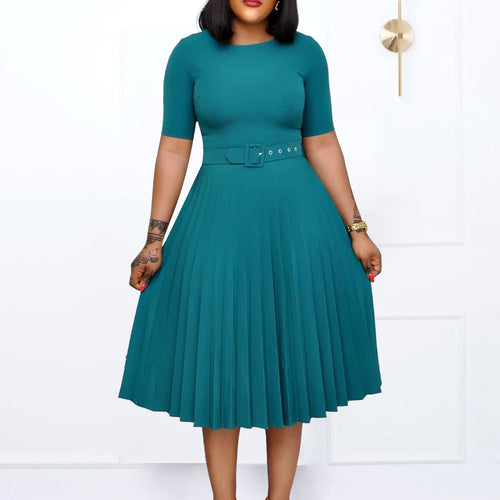 Pleated dress for women with a fitted belt and short sleeves Amarae