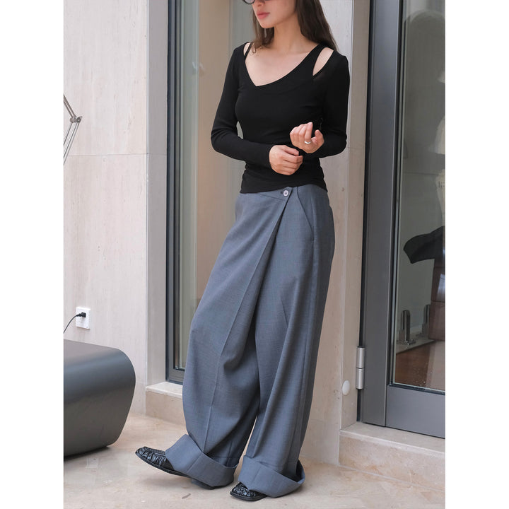 Women Asymmetric Long Sleeve with Double Neckline and Spaghetti Strap Detail Amarae