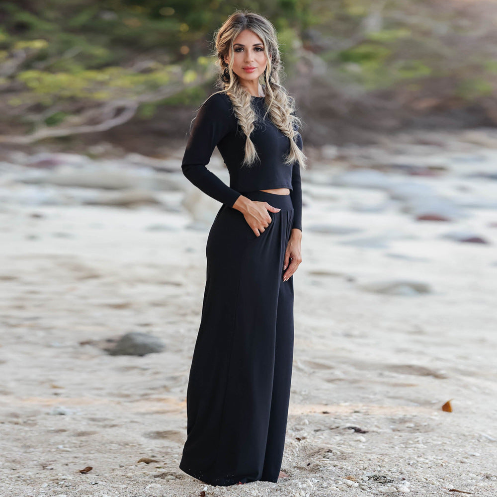 Women's Casual Wide Leg Jumpsuit with Long Sleeves and Convenient Pockets Lune London