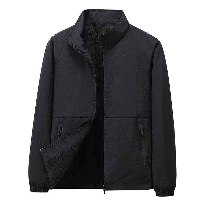 Men's Lightweight Windbreaker Outdoor Jacket with Stand Collar, Two-way Zipper and Concealed Pockets Amarae