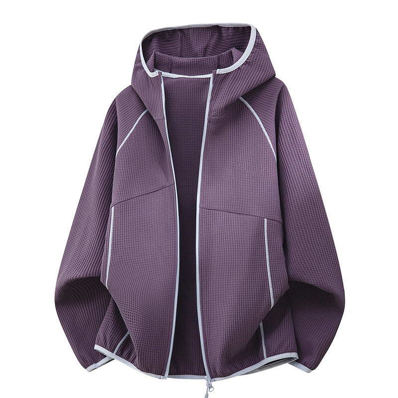 Women's hooded jacket made of breathable waffle knit with oversized cut and zipper