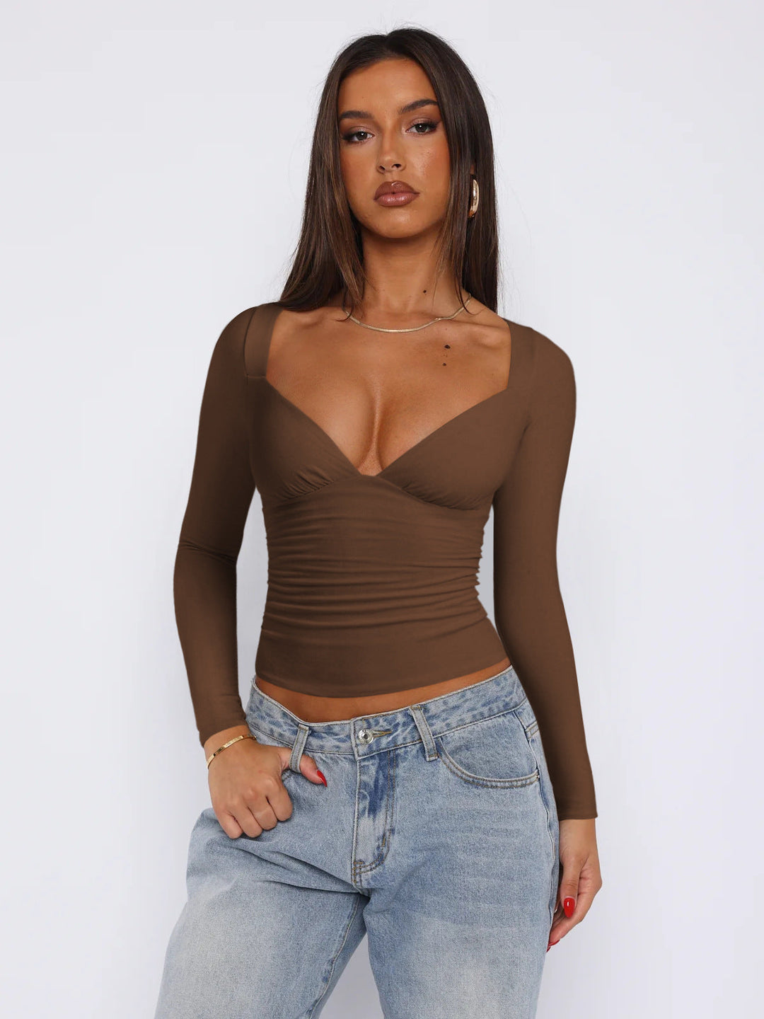 Women Fitted Long-Sleeve Top with V-Neckline and Gathers Lune London