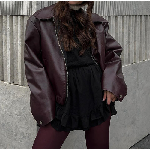 Women Modern Synthetic Leather Jacket with Oversized Fit and Classic Details Amarae