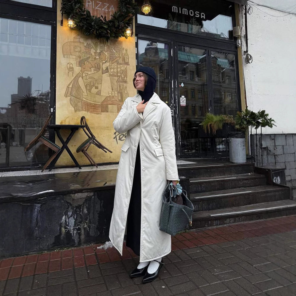 Ladies Long Down Jacket with Elegant Chic Lapels
