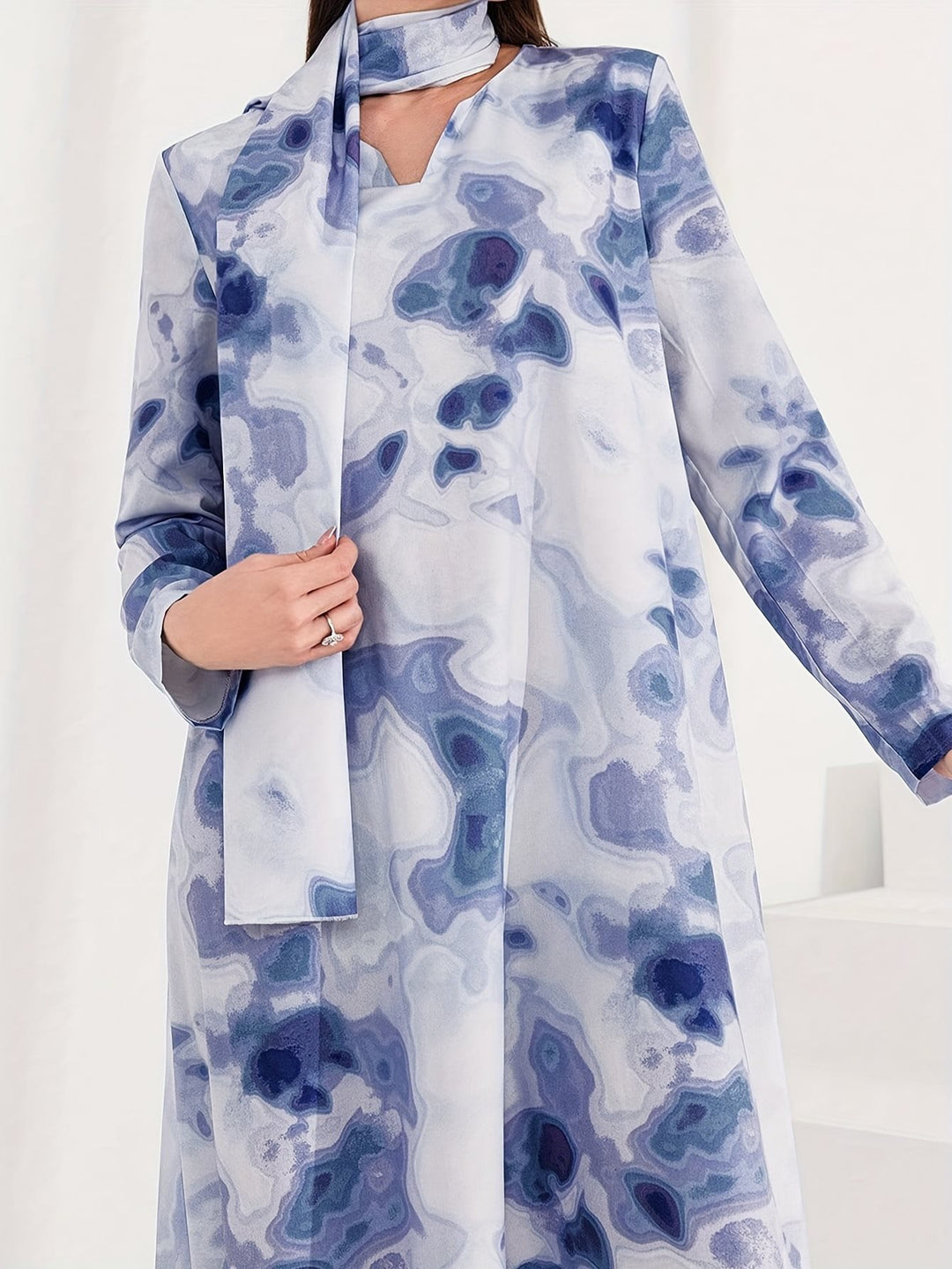 Maxi dress for women with artistic pattern and elegant high collar Lune London