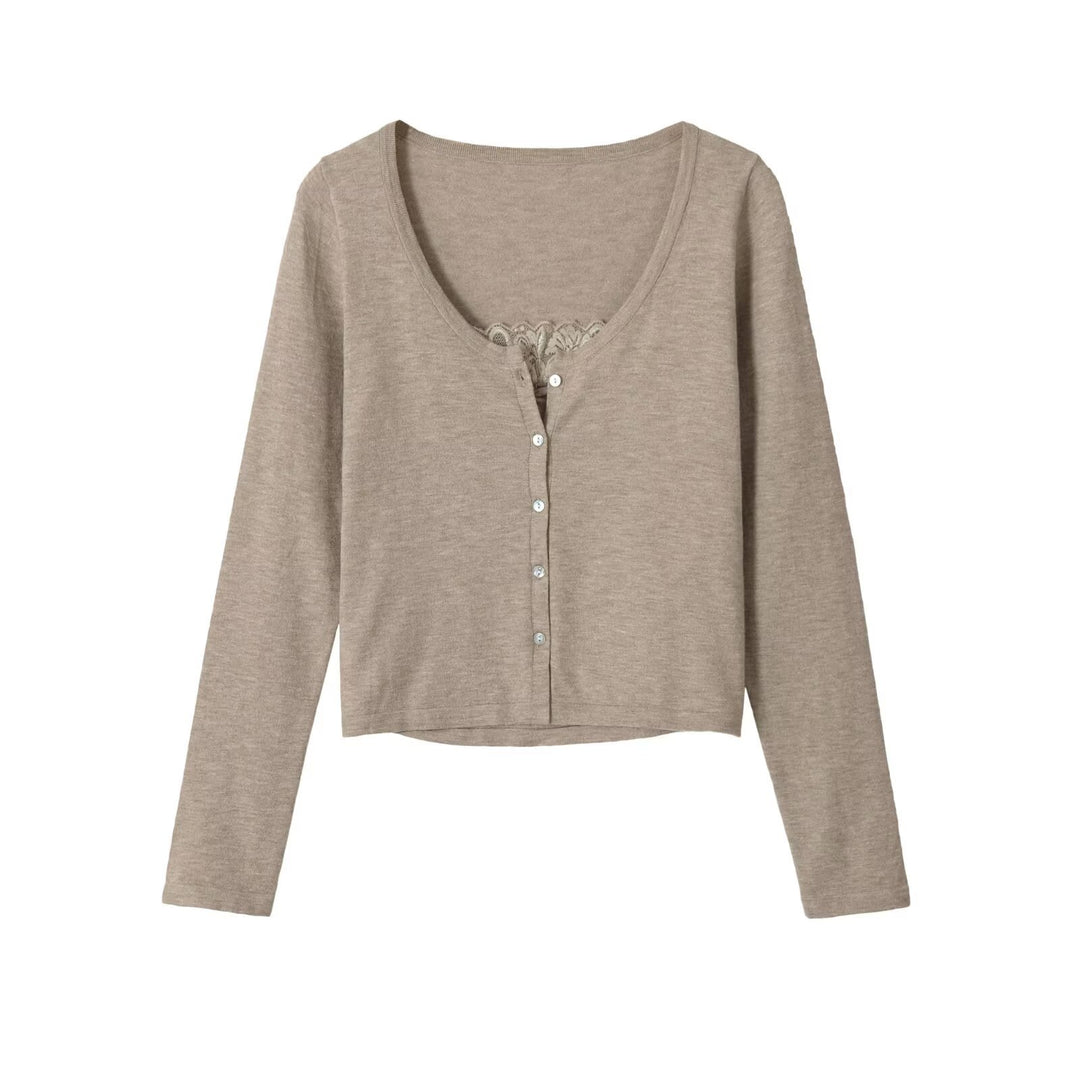 Women's short cardigan made of fine knit with V-neck, button placket, and lace insert Amarae