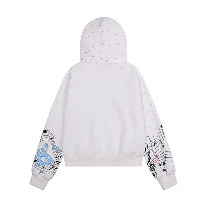 Women's Hooded Sweat Jacket with Front Zipper, Musical Print and Star Design Amarae