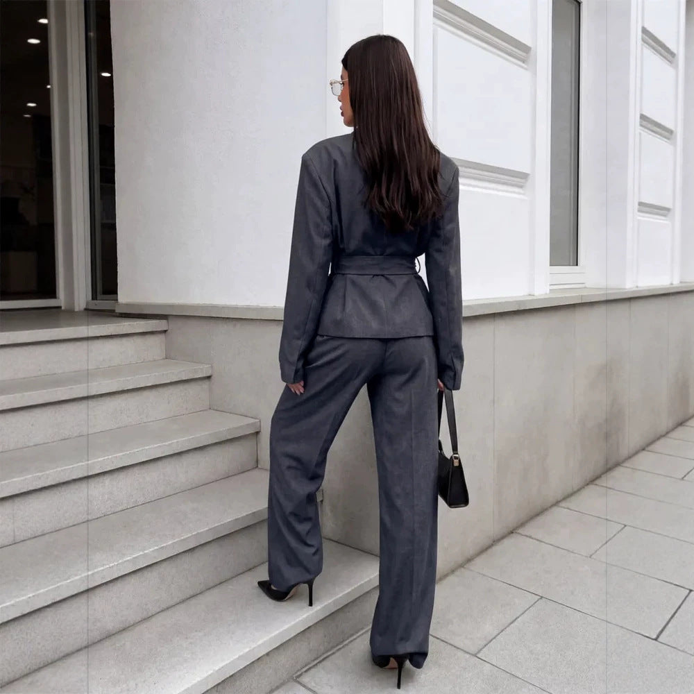 Women's Elegant Wrap Blazer Set with Waist Belt and Wide Pleated Trousers Amarae