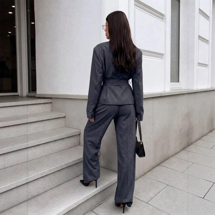 Women's Elegant Wrap Blazer Set with Waist Belt and Wide Pleated Trousers Amarae