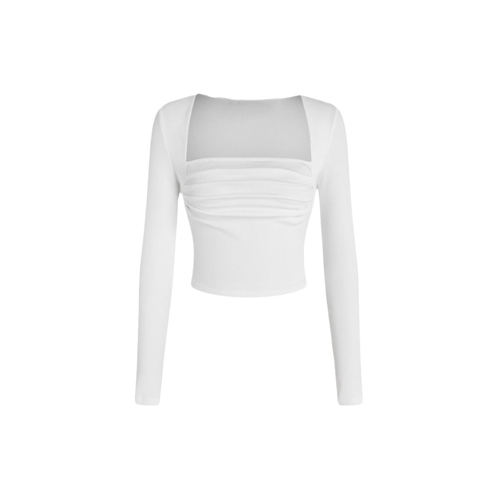 Chemise pour femmes à manches longues courte avec un design drapé sophistiqué et un col rond de mode Chic & Stil