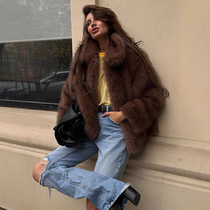 Women's Short Cut Voluminous Faux Fur Coat with Wide Shawl Collar Amarae