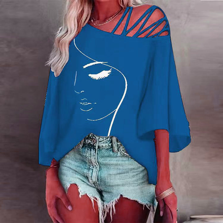 Women's tunic with asymmetric strap design and stylized face graphic Lune London