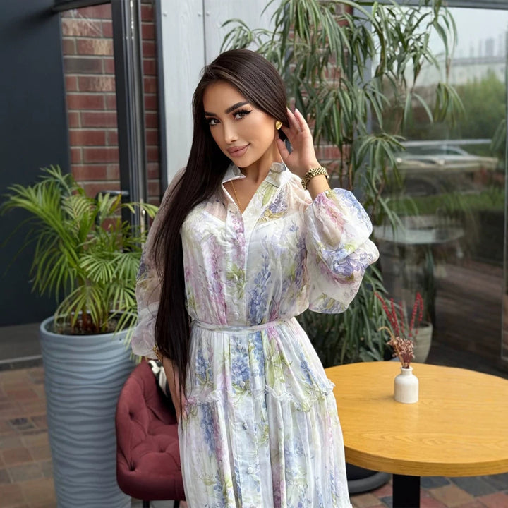 Women's Long Chiffon Tiered Maxi Dress with Ruffles & Delicate Flower Print Amarae