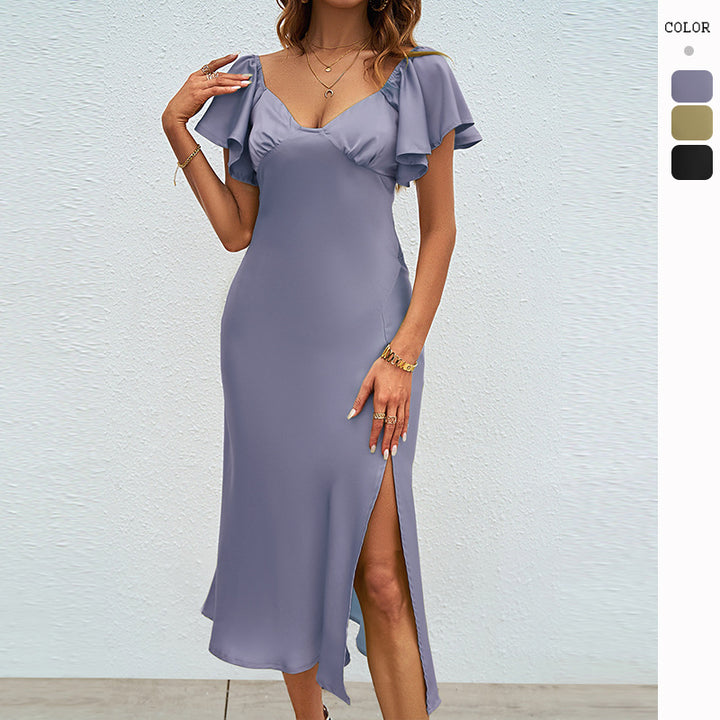 Women's midi dress with voluminous ruffle details and side slit Lune London