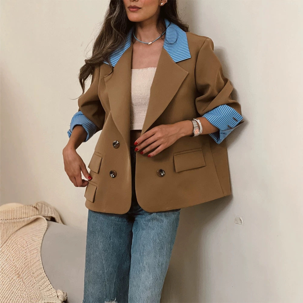 Women Oversized Double-Breasted Blazer with Contrast Collar & Cuffed Sleeves Amarae