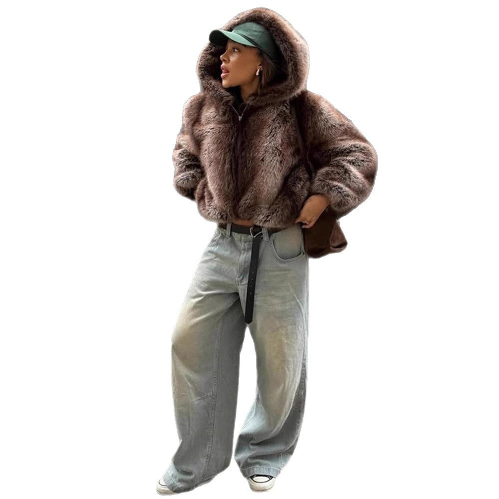 Women's Boxy Faux Fur Hoodie with Voluminous Hood and Loose Silhouette Amarae